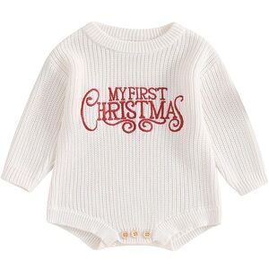 My First Christmas Baby Christmas Sweater Bubble Romper Embroidered Knitted 3-6